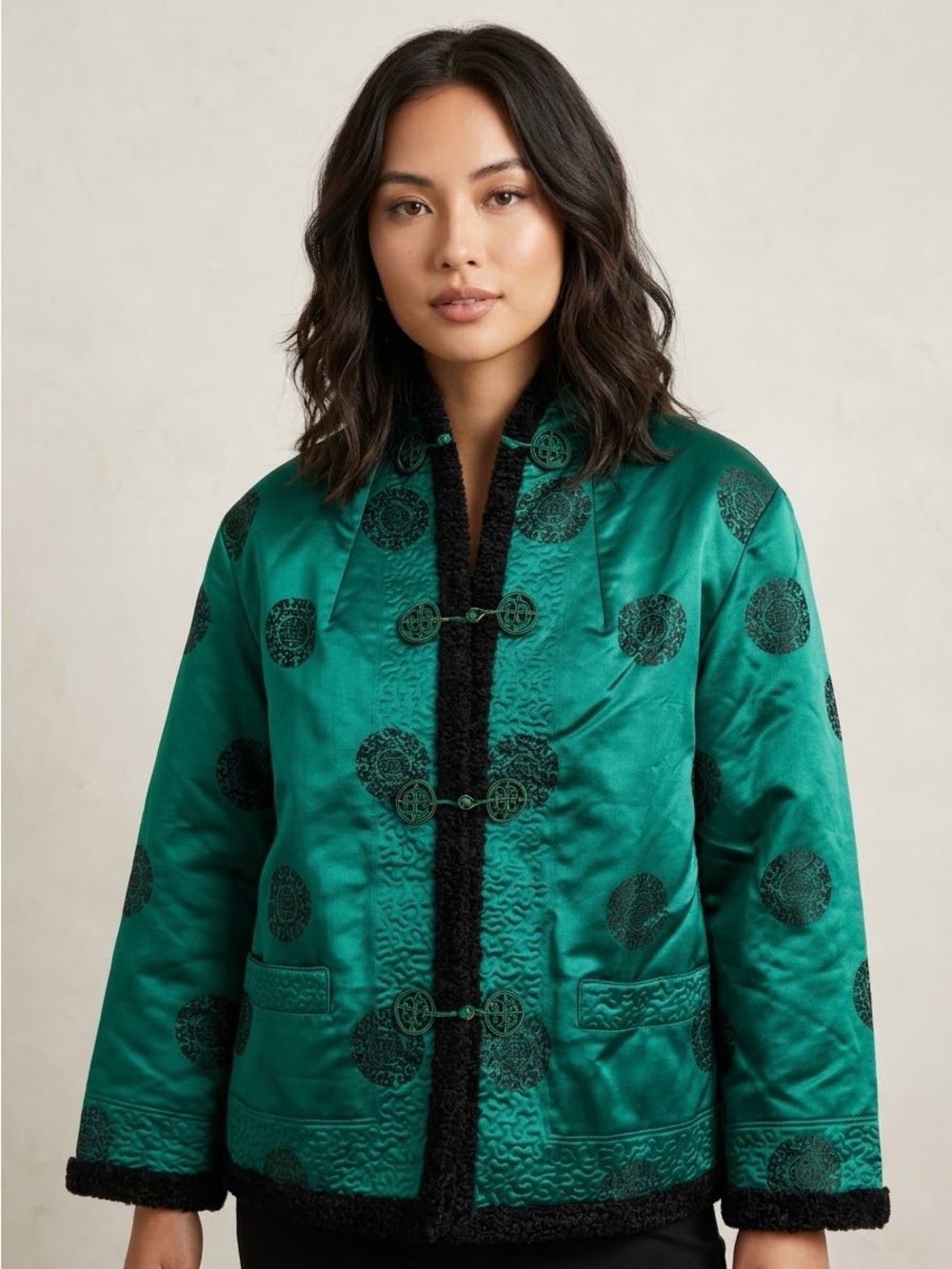 Vintage Emerald Green Reversible Chinese Satin Brocade Jacquard Jacket - Small